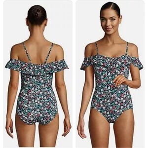 Lands’ End Floral Tummy Control Off The Shoulder Ruffle One Piece Swimsuit